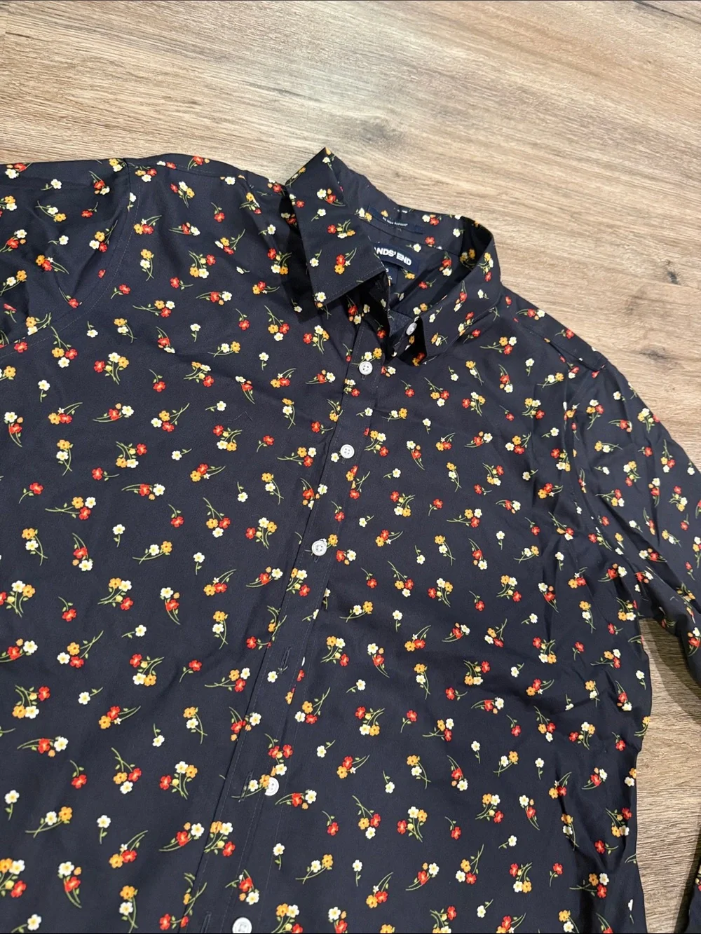 NWOT Lands' End Black Button-Down Shirt with Red and Yellow Floral Sprig Print